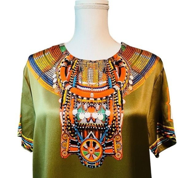 GIVENCHY WOMEN’S GORGEOUS SHORT SLEEVE SILK PULLOVER TOP SIZE XS OLIVE/GOLD - Picture 2 of 14